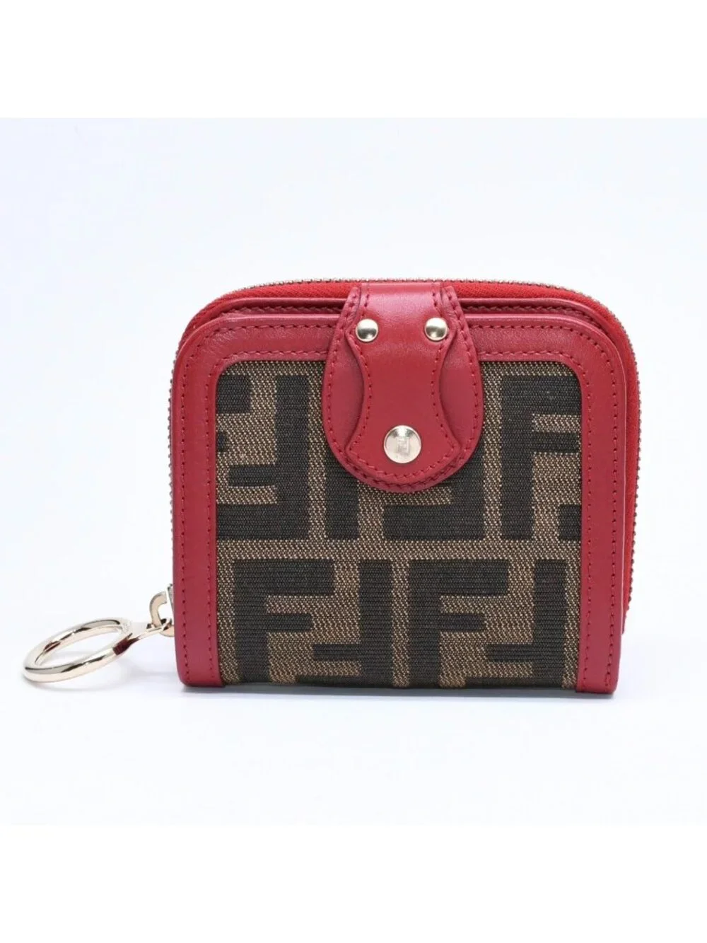 Fendi Compact Wallet Bifold Zucca Pattern Canvas Leather Brown Red Gold